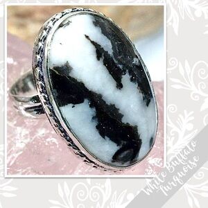 White Buffalo Turquoise Large Eclectic Silver Artisan Ring, 5.5 (Black, White)